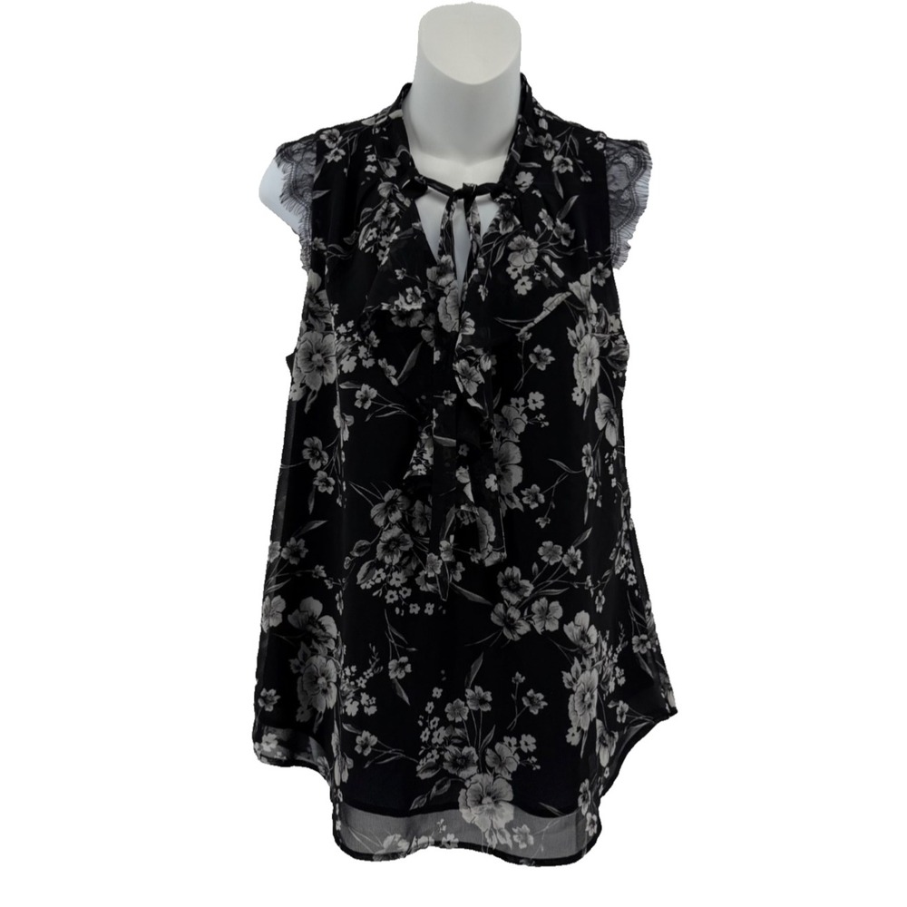 White House Black Market Floral Blouse Sleeveless Lace Ruffle Tie Neck‎ 8